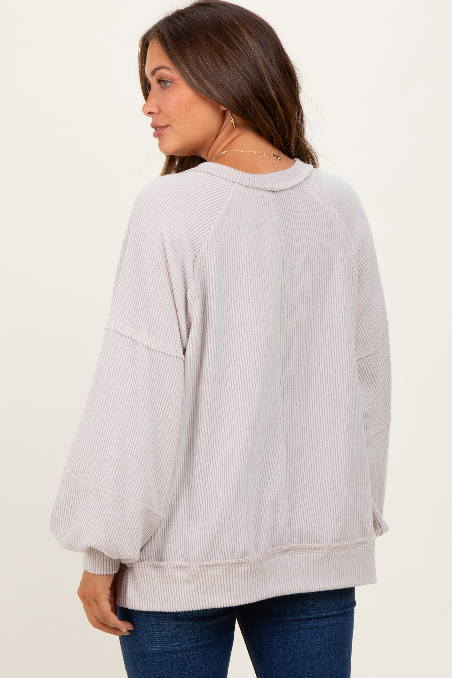 Beige Solid Rib Long Sleeve V-Neck Oversized Maternity Tunic Top