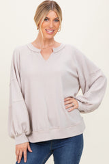 Beige Solid Rib Long Sleeve V-Neck Oversized Tunic Top