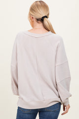 Beige Solid Rib Long Sleeve V-Neck Oversized Tunic Top