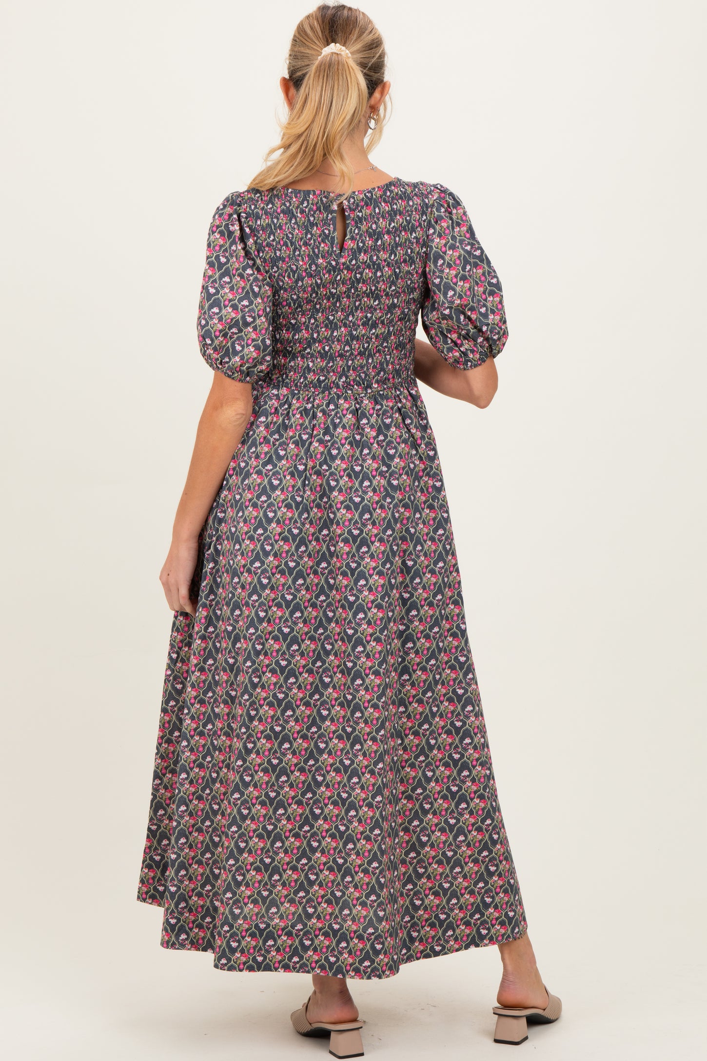 Grey Floral Smocked Puff Sleeve Maternity Maxi Dress