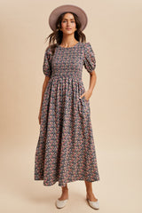 Grey Floral Smocked Puff Sleeve Maxi Dress