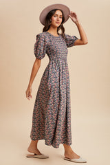 Grey Floral Smocked Puff Sleeve Maxi Dress