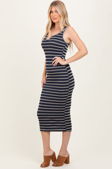Navy Stripe Ribbed Sleeveless V Neck Maxi Dress
