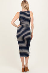 Navy Stripe Ribbed Sleeveless V Neck Maxi Dress