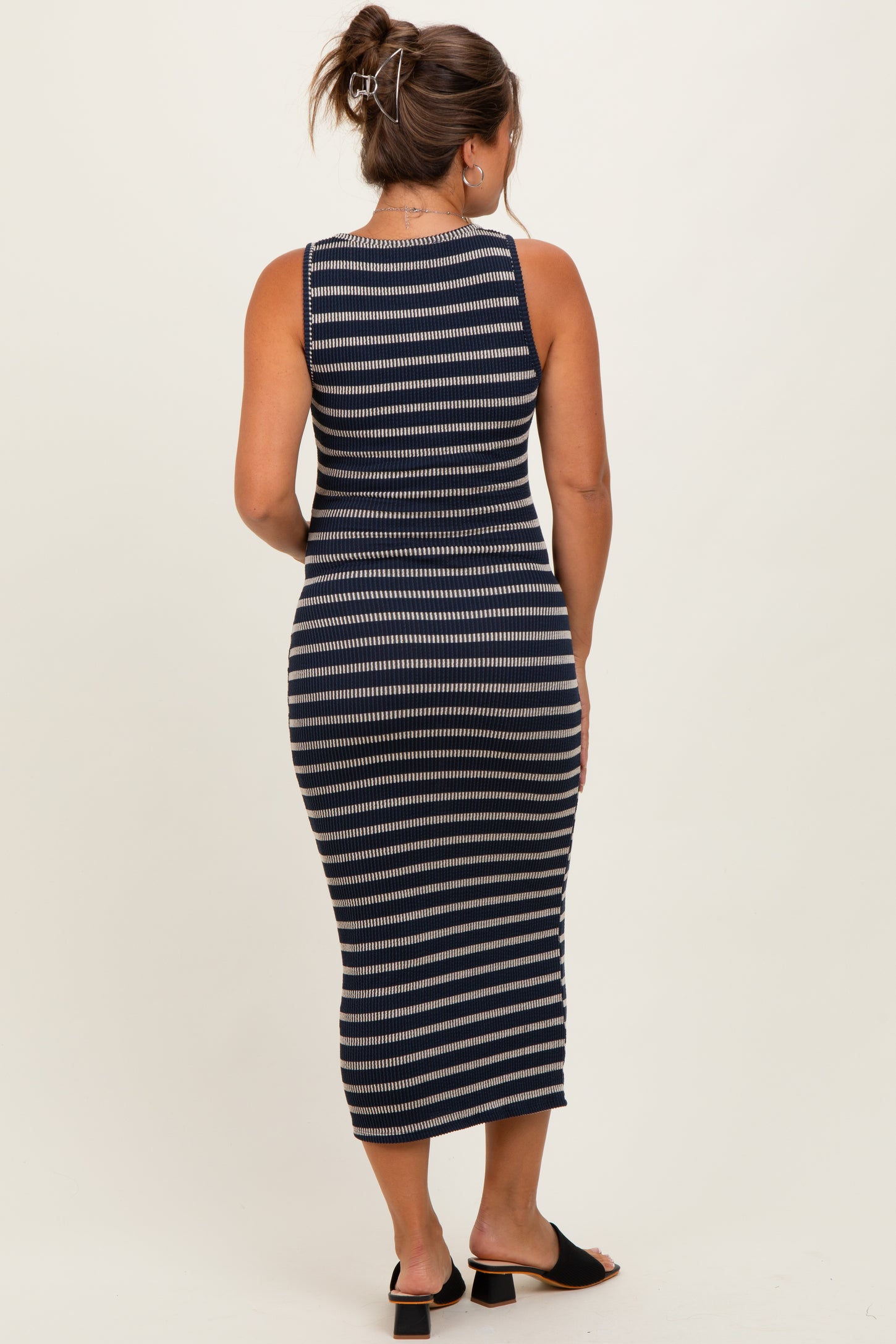 Navy Stripe Ribbed Sleeveless V Neck Maternity Maxi Dress