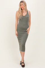 Olive Stripe Ribbed Sleeveless V Neck Maxi Dress