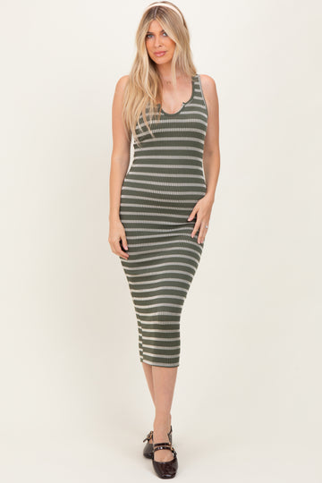 Olive Stripe Ribbed Sleeveless V Neck Maxi Dress