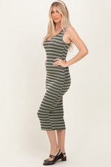 Olive Stripe Ribbed Sleeveless V Neck Maxi Dress
