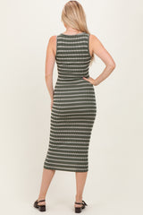 Olive Stripe Ribbed Sleeveless V Neck Maxi Dress