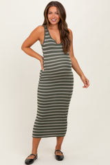 Olive Stripe Ribbed Sleeveless V Neck Maternity Maxi Dress