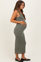 Olive Stripe Ribbed Sleeveless V Neck Maternity Maxi Dress