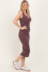 Burgundy Stripe Ribbed Sleeveless V Neck Maxi Dress