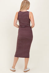 Burgundy Stripe Ribbed Sleeveless V Neck Maxi Dress