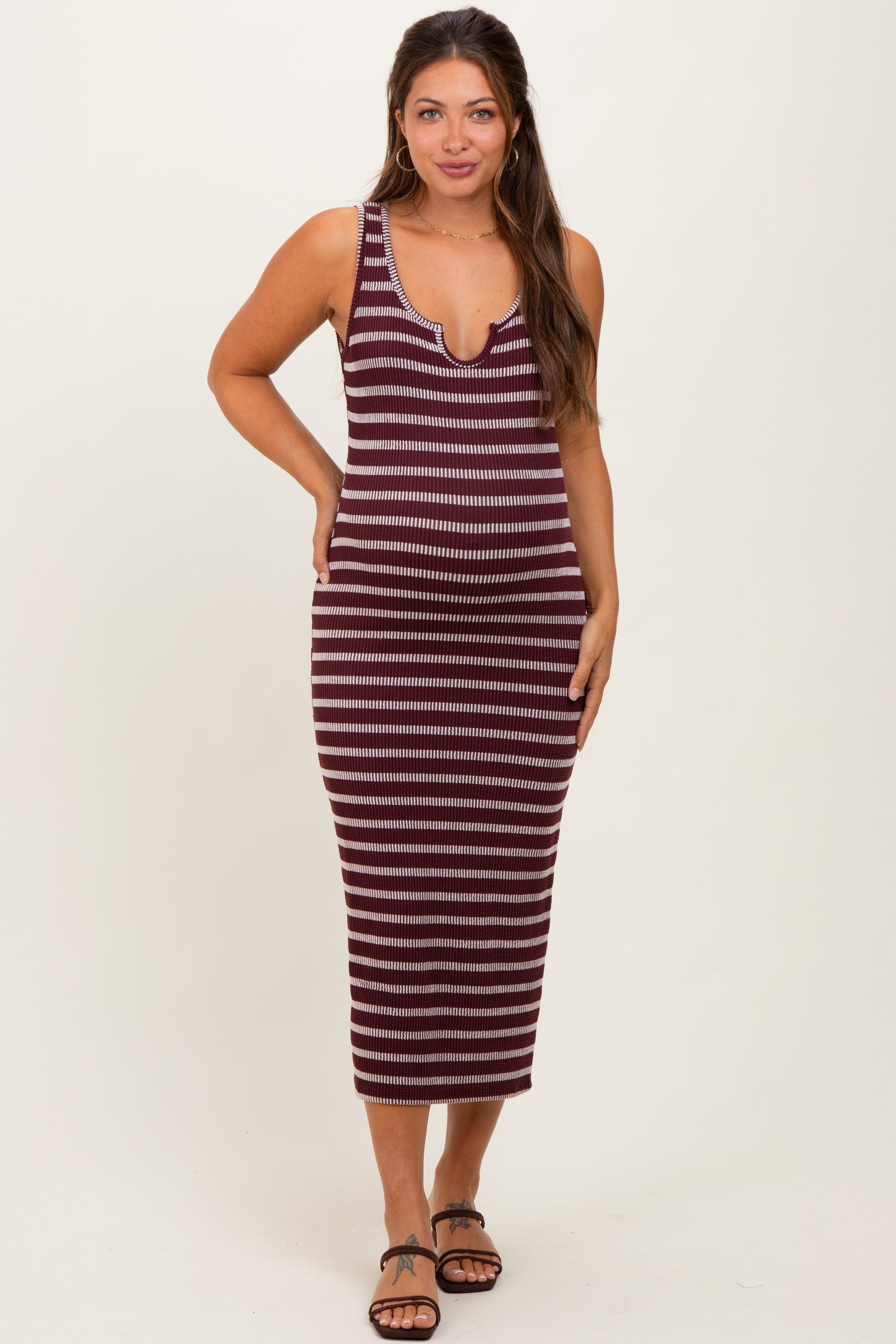 Burgundy Stripe Ribbed Sleeveless V Neck Maternity Maxi Dress