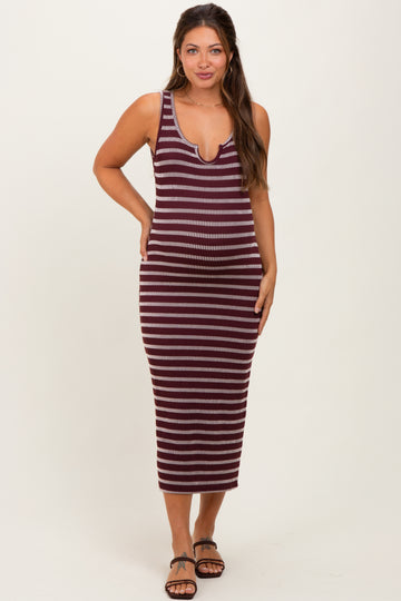 Burgundy Stripe Ribbed Sleeveless V Neck Maternity Maxi Dress
