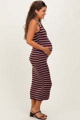 Burgundy Stripe Ribbed Sleeveless V Neck Maternity Maxi Dress
