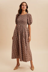 Mocha Floral Smocked Puff Sleeve Maxi Dress
