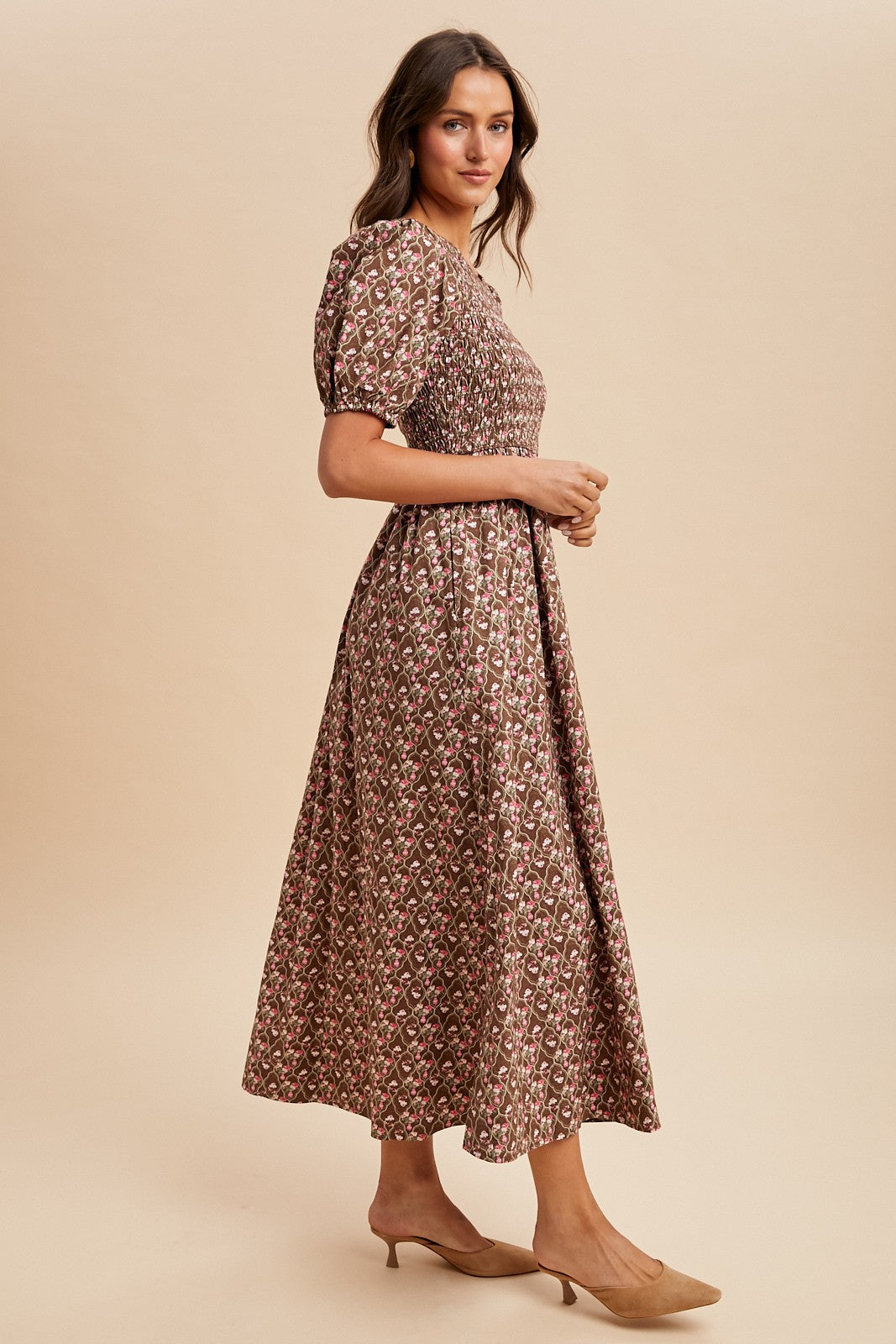 Mocha Floral Smocked Puff Sleeve Maxi Dress