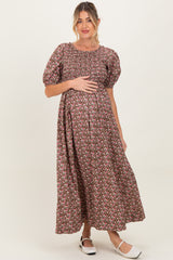 Mocha Floral Smocked Puff Sleeve Maternity Maxi Dress