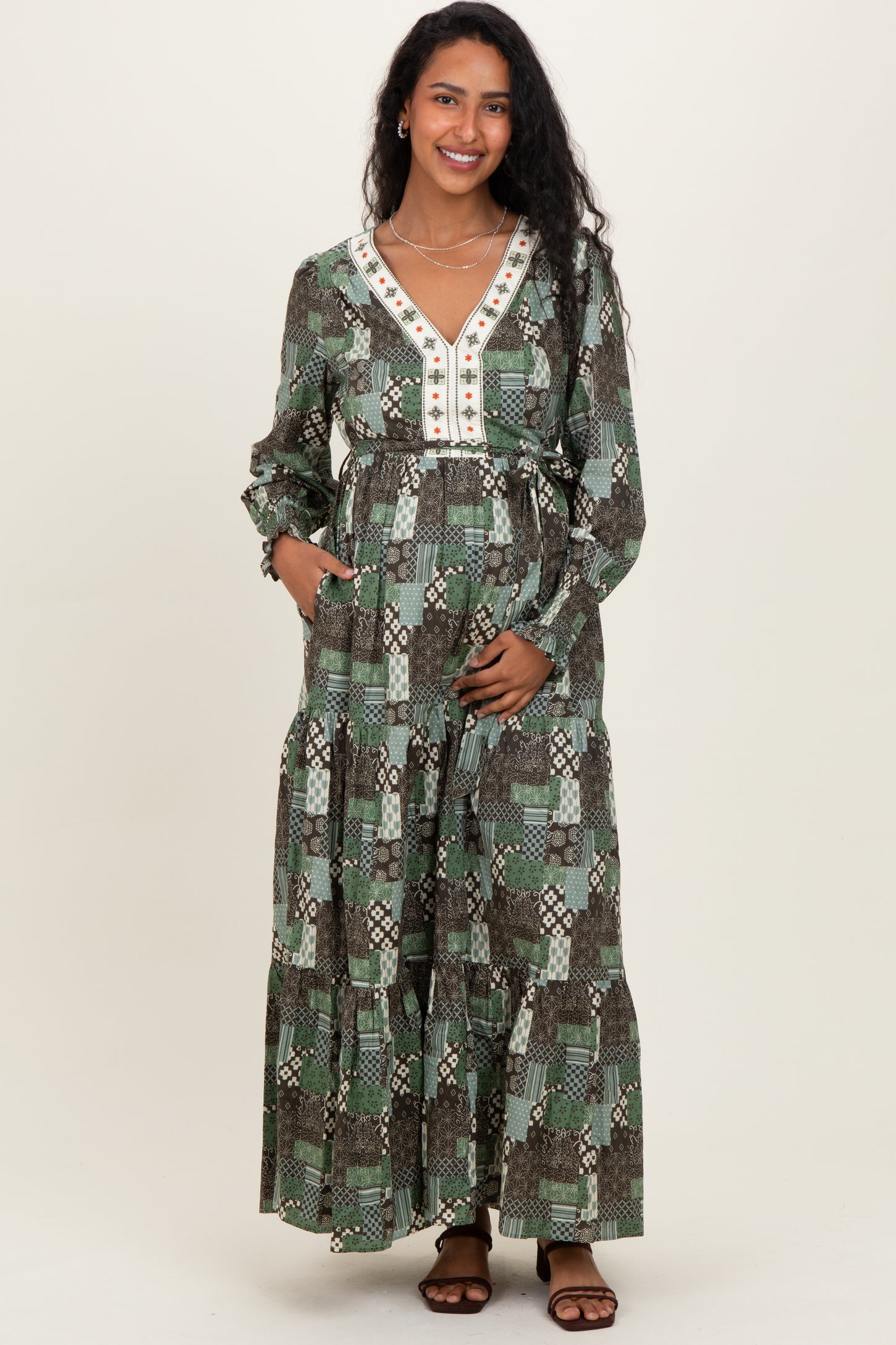 Olive Patchwork Print Tiered Long Sleeve Maternity Maxi Dress