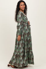 Olive Patchwork Print Tiered Long Sleeve Maternity Maxi Dress