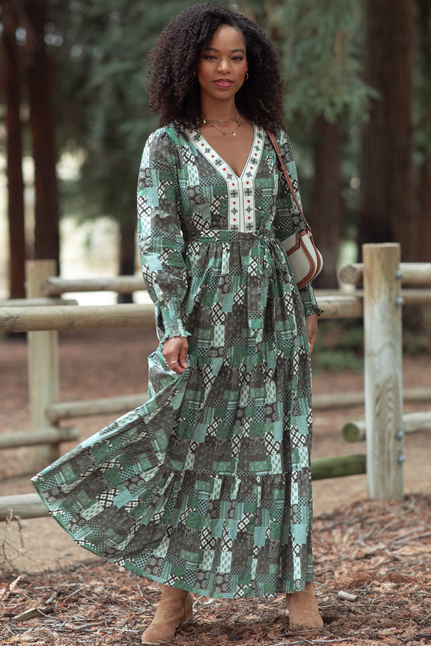 Olive Patchwork Print Tiered Long Sleeve Maternity Maxi Dress