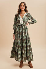 Olive Patchwork Print Tiered Long Sleeve Maxi Dress