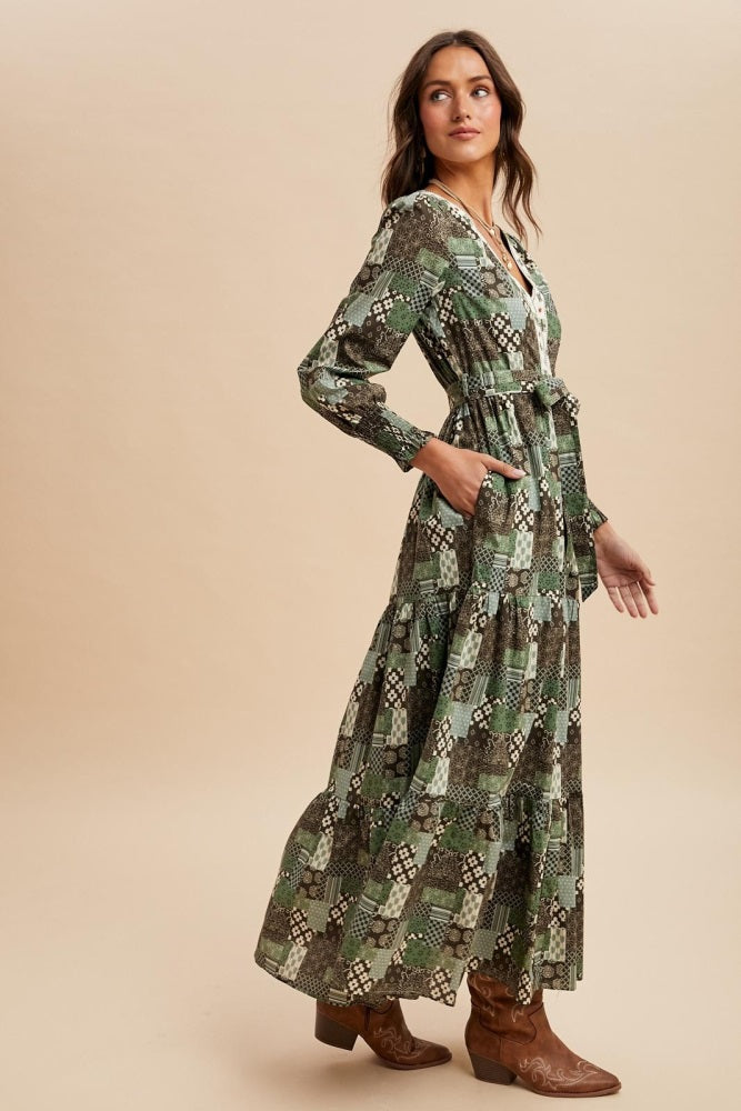 Olive Patchwork Print Tiered Long Sleeve Maxi Dress