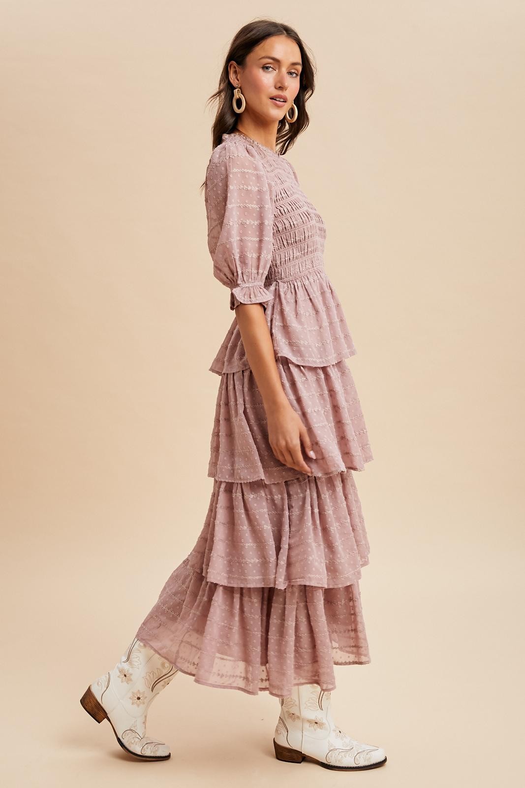 Mauve Smocked Swiss Dot Tiered Maxi Dress