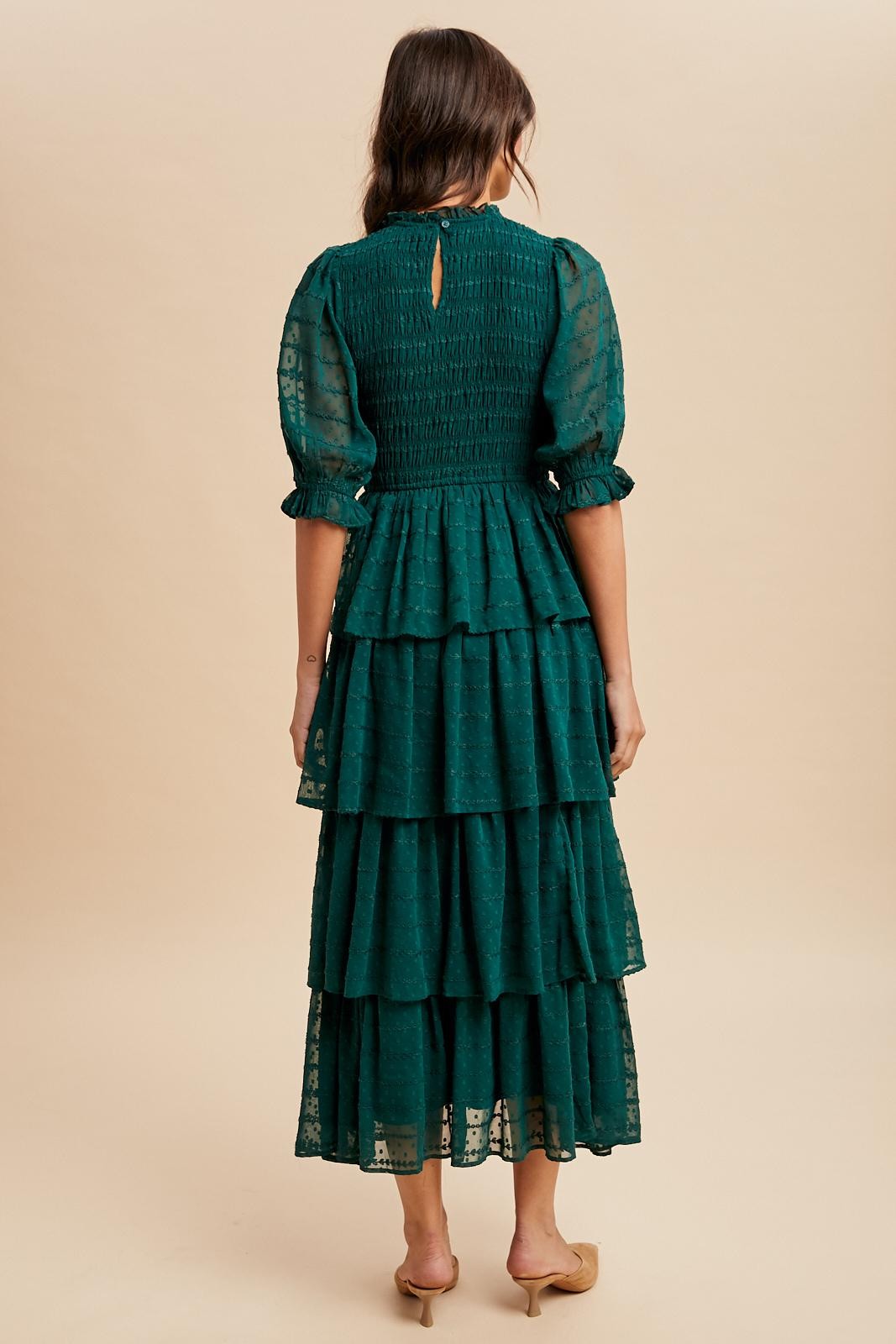 Forest Green Smocked Swiss Dot Tiered Maxi Dress