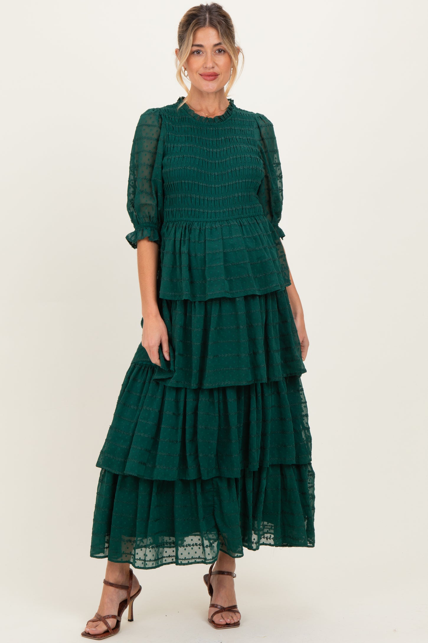 Forest Green Smocked Swiss Dot Tiered Maternity Maxi Dress