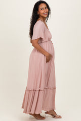 Light Pink Swiss Dot Ruffle Trim Maternity Maxi Dress
