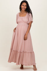 Light Pink Swiss Dot Ruffle Trim Maternity Maxi Dress