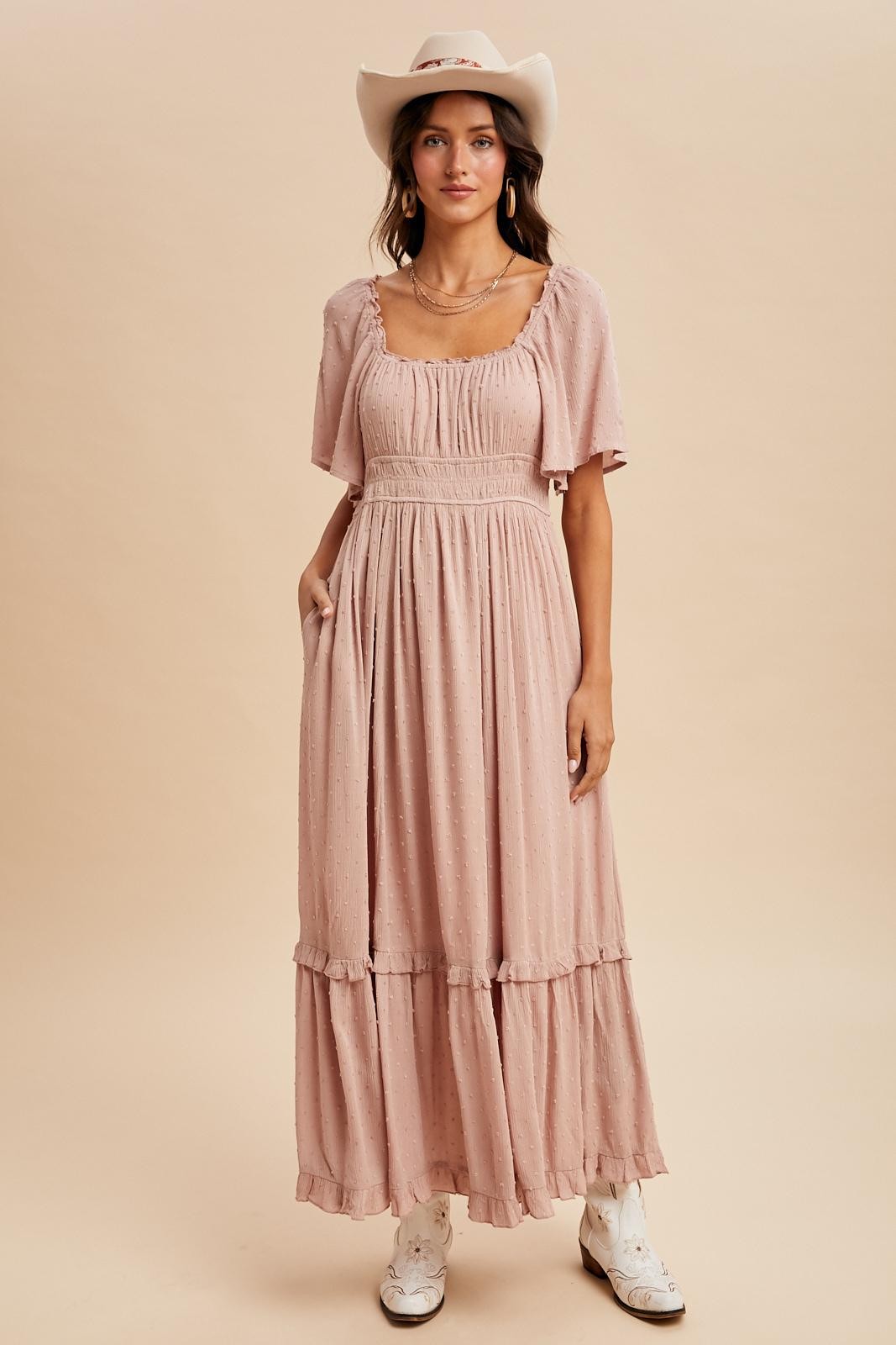 Light Pink Swiss Dot Ruffle Trim Maternity Maxi Dress