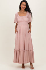 Light Pink Swiss Dot Ruffle Trim Maternity Maxi Dress