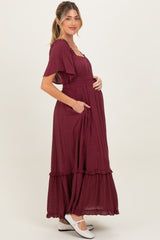 Burgundy Swiss Dot Ruffle Trim Maternity Maxi Dress