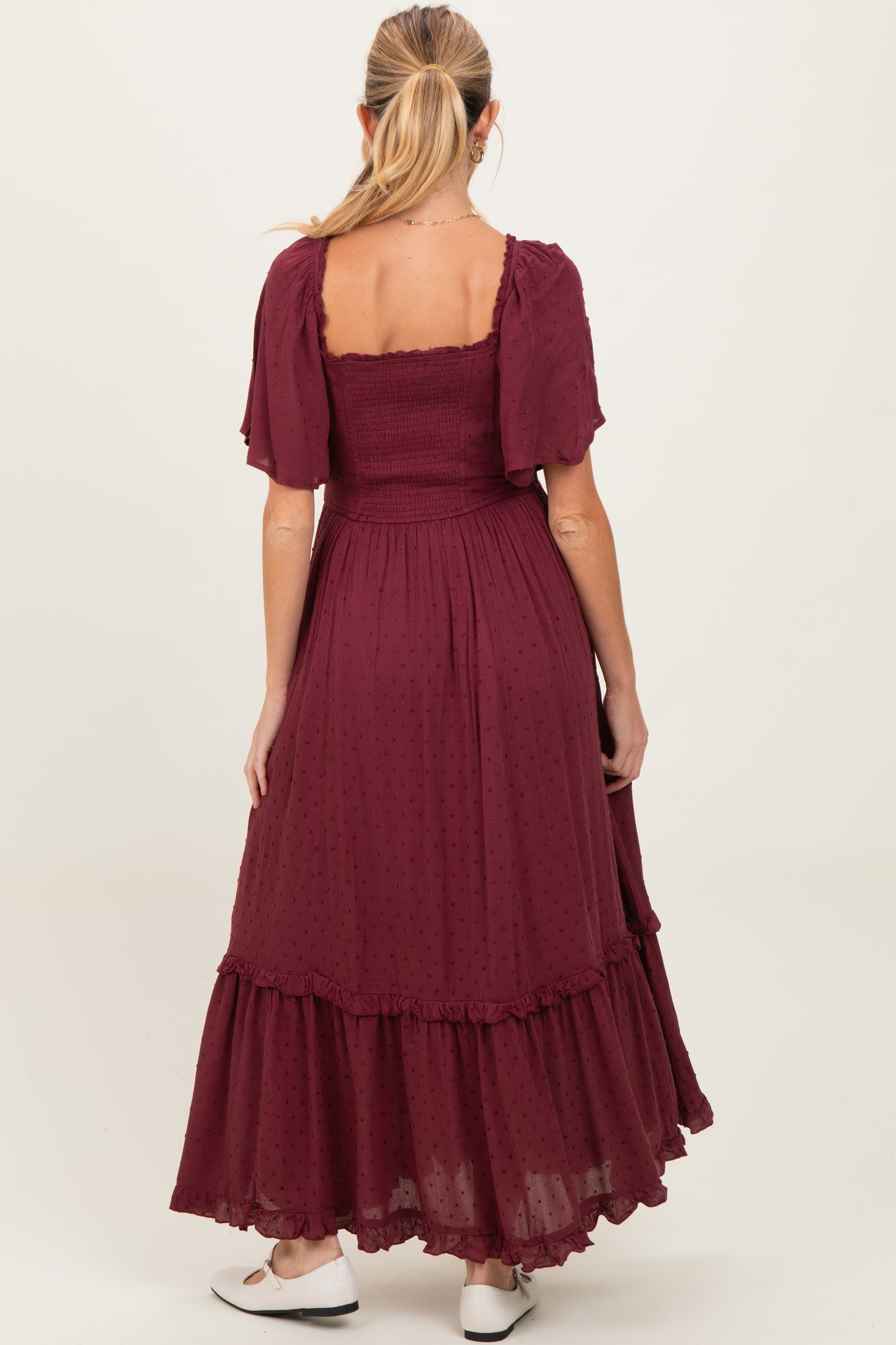 Burgundy Swiss Dot Ruffle Trim Maternity Maxi Dress