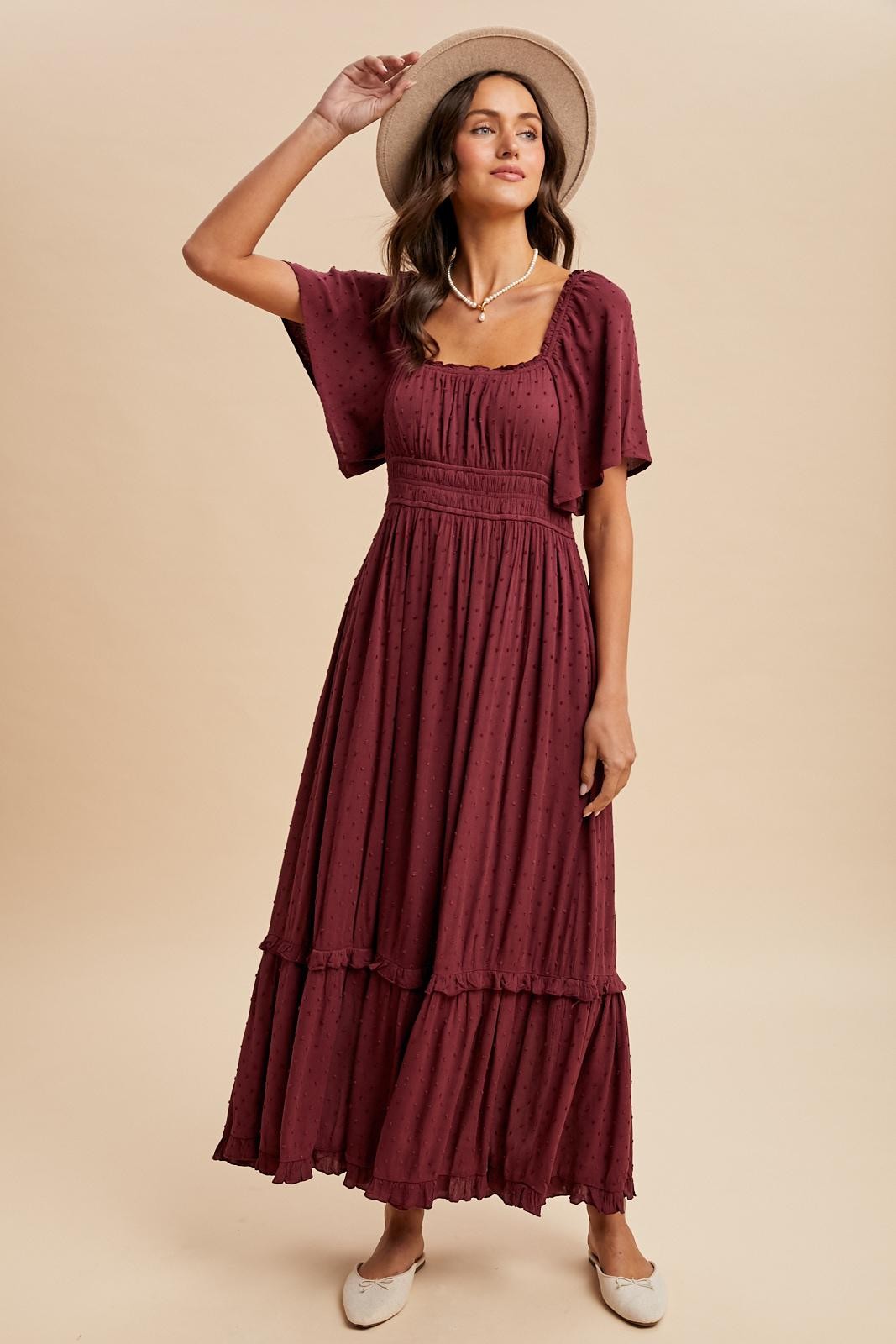 Burgundy Swiss Dot Ruffle Trim Maxi Dress