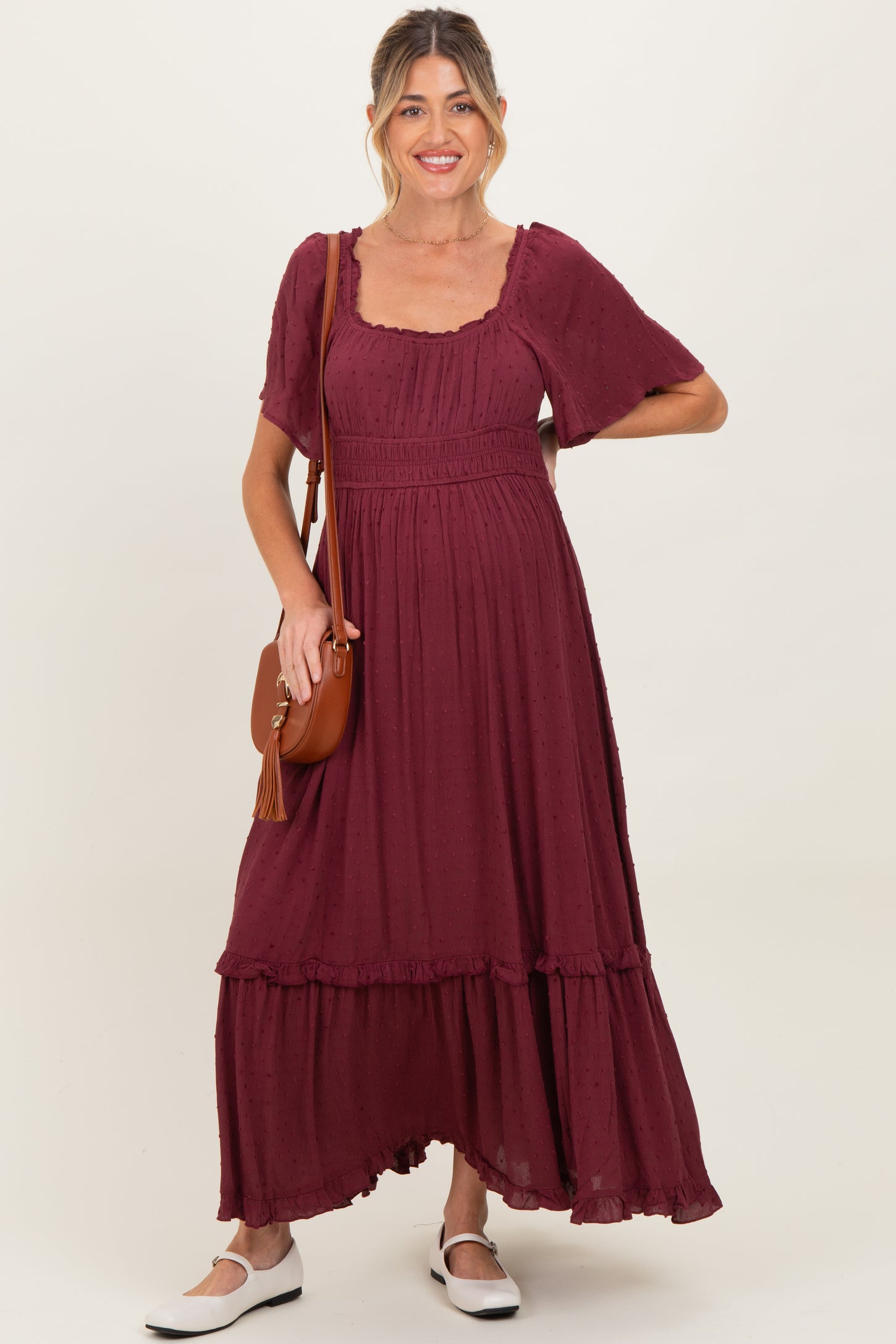 Burgundy Swiss Dot Ruffle Trim Maternity Maxi Dress