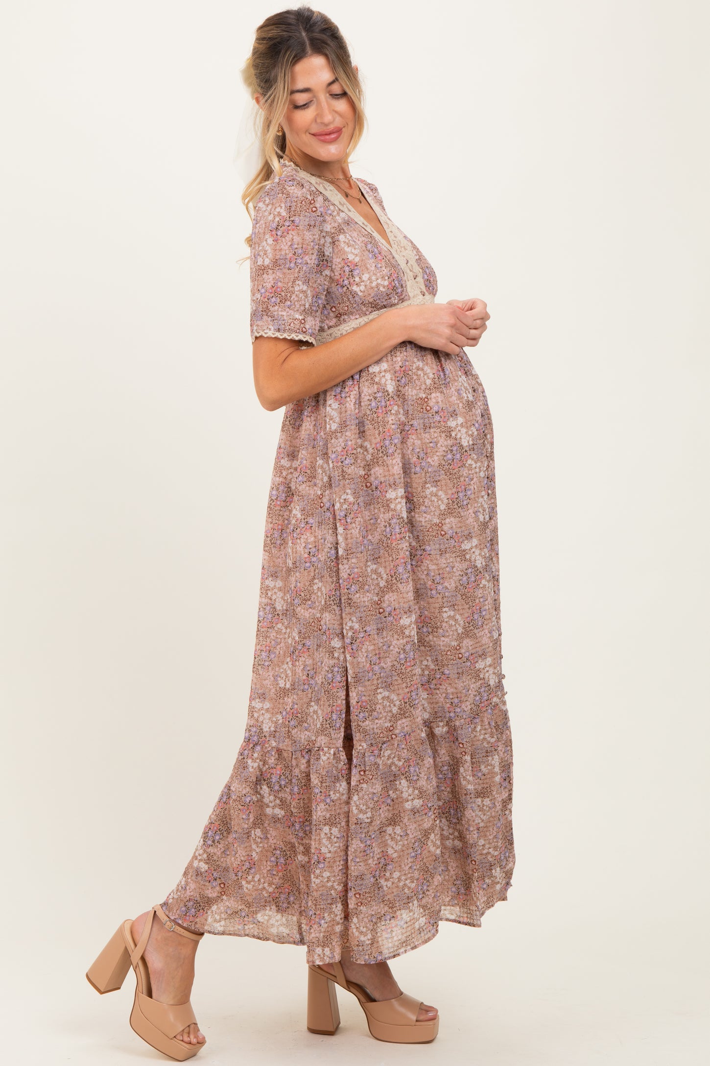 Mauve Floral Lace Detail Button Down Maternity Maxi Dress