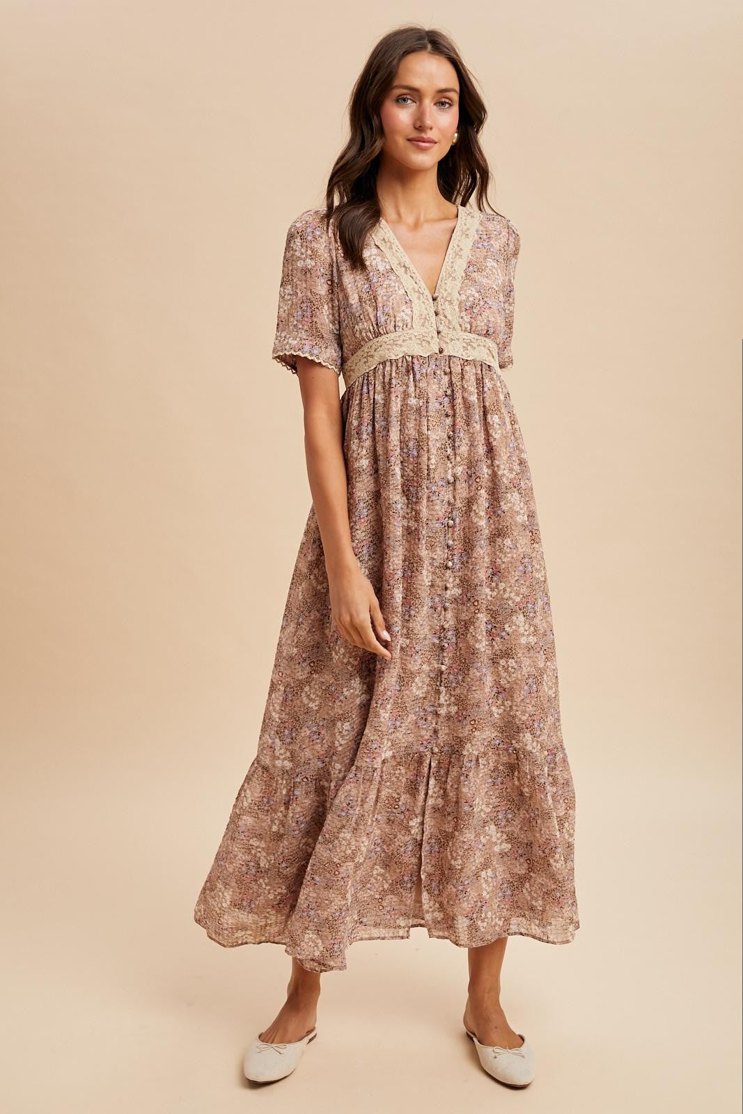 Mauve Floral Lace Detail Button Down Maxi Dress