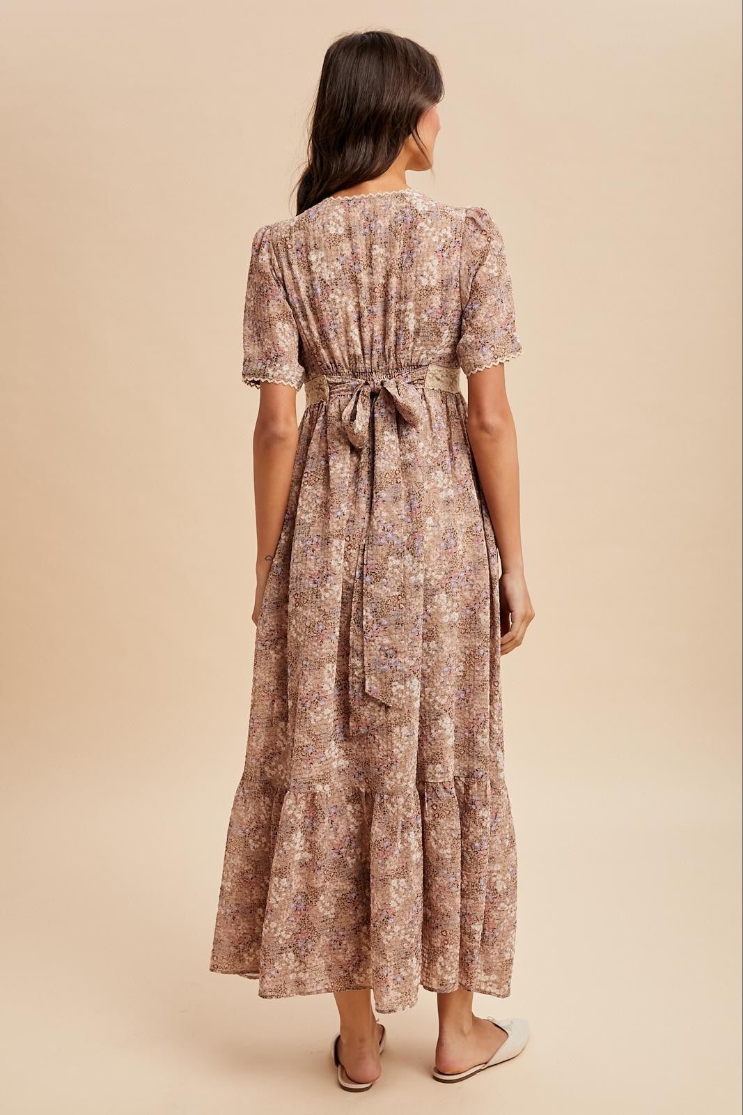 Mauve Floral Lace Detail Button Down Maxi Dress