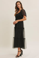 Black Sequin Bodice Tulle Tiered Midi Dress