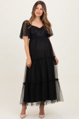 Black Sequin Bodice Tulle Tiered Maternity Midi Dress