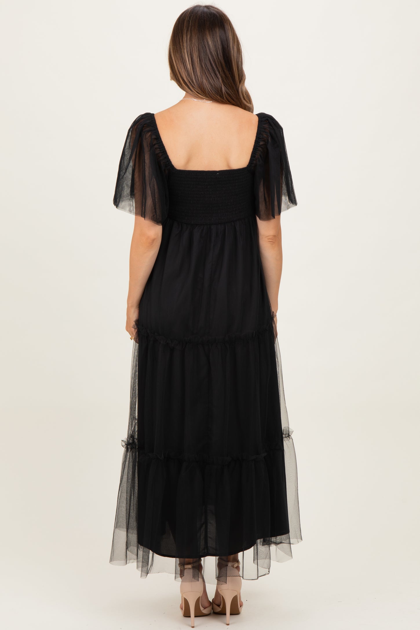 Black Sequin Bodice Tulle Tiered Maternity Midi Dress