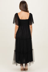 Black Sequin Bodice Tulle Tiered Maternity Midi Dress