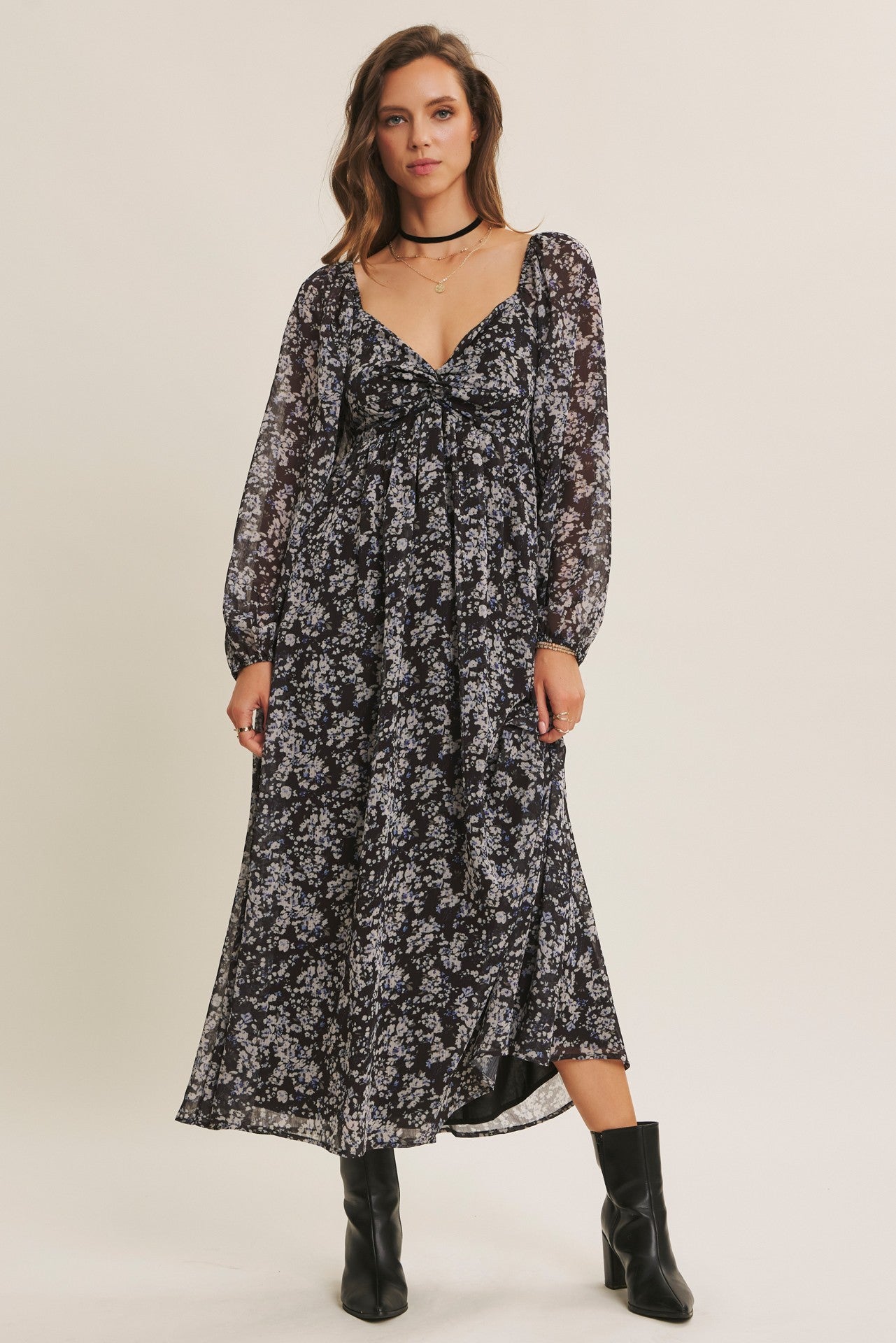Black Floral Chiffon Twisted Front Midi Dress