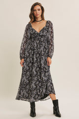 Black Floral Chiffon Twisted Front Maternity Midi Dress