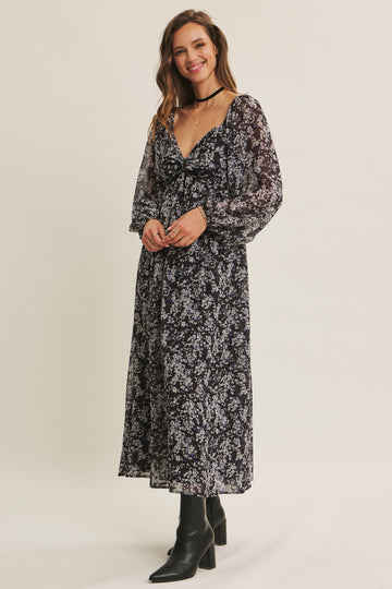Black Floral Chiffon Twisted Front Midi Dress