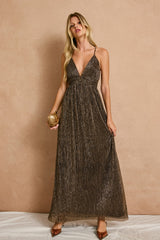 Brown Shimmer Open Tie Back Maxi Dress
